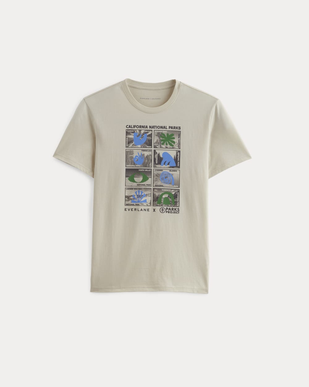 The Everlane x Parks Project Essential Organic Crew | Forged Iron / Birch / Granada Sky Blue / Green